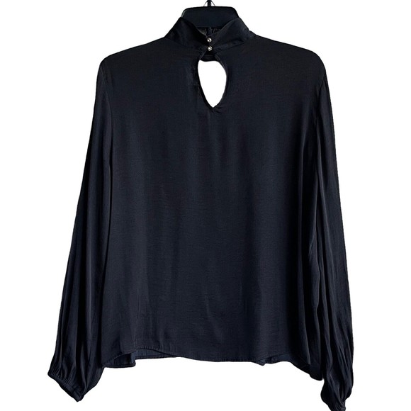 Thalia Sodi Choker Top Black Woven Long Sleeves Blouse Size M NWT Keyhole Button - Picture 5 of 9